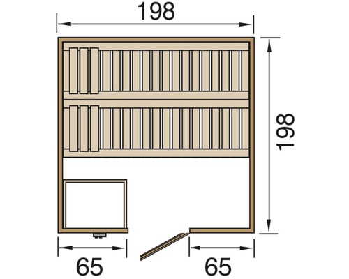 Technische Zeichnung einer Sauna mit den Maßen 198 x 198 x 65 cm