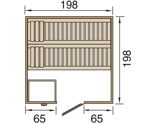 Grundriss einer Sauna mit Maßen.