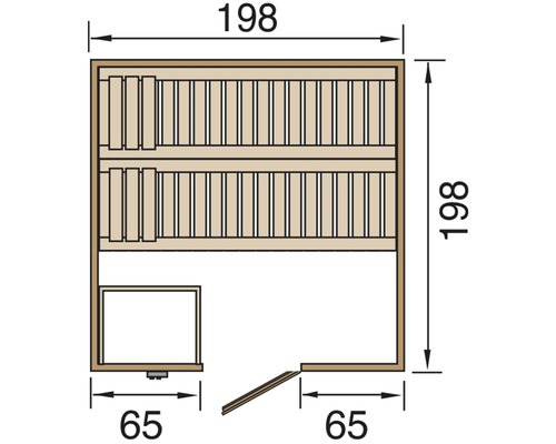 Grundriss einer Sauna mit Maßen.