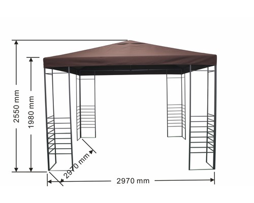 Pavillon avec dimensions de 2550 mm de hauteur, 2970 mm de longueur et 1980 mm de hauteur libre.