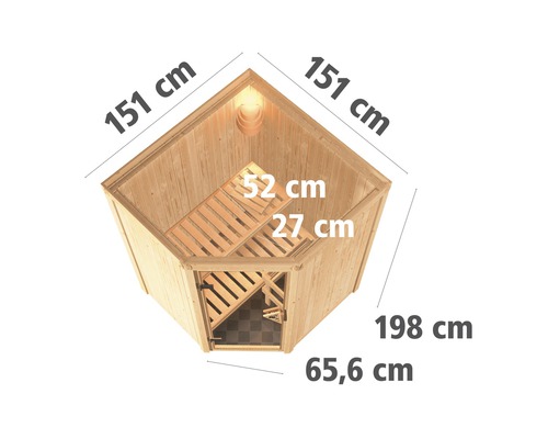 Vue de dessus d''un sauna d''angle en bois avec dimensions
