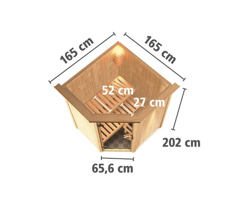 Vue de dessus d''un sauna d''angle avec les dimensions 165 cm, 52 cm, 27 cm, 202 cm et 65,6 cm.