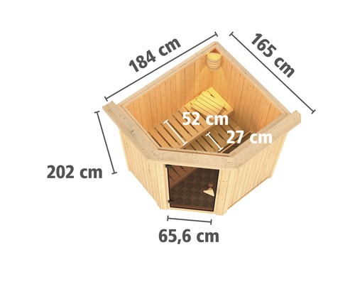 Sauna d''angle en bois, dimensions 165 cm, 184 cm et 202 cm