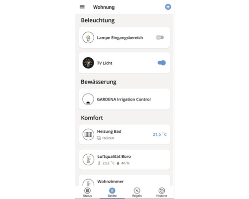Smart Home App-Oberfläche mit Beleuchtungs-, Bewässerungs- und Komforteinstellungen