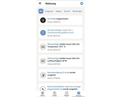 Smartphone-Anzeige mit Benachrichtigungen zu Türkontakten, Temperatur und Luftfeuchtigkeit
