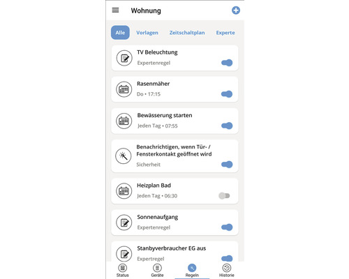 Screenshot einer Smart Home App mit verschiedenen Automatisierungsregeln