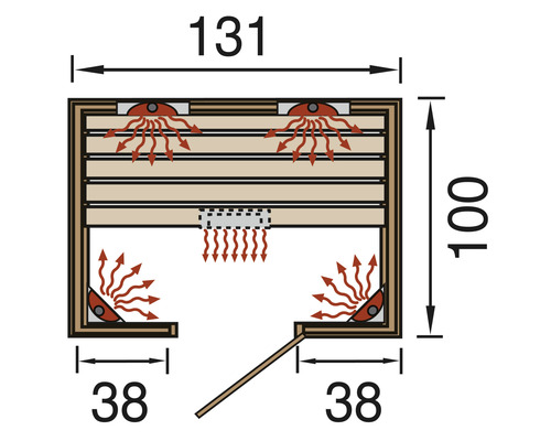 Zeichnung einer Sauna mit den Maßen 131 mal 100 Zentimeter
