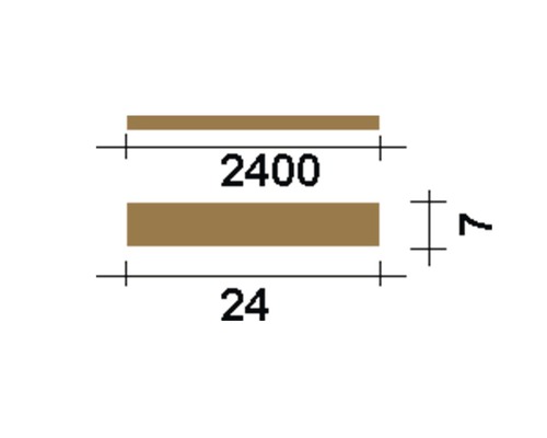 Dessin technique d''un produit en bois avec dimensions : longueur 2400 millimètres, largeur 24 millimètres et hauteur 7 millimètres.