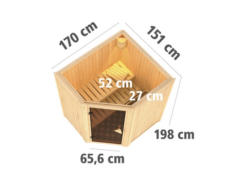 Ecksauna mit den Massen 170 cm, 151 cm, 198 cm und 65,6 cm sowie einer Bank von 52 cm und 27 cm