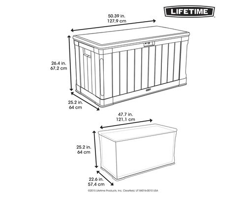 Abbildung einer Aufbewahrungsbox mit Massangaben und Lifetime Logo.
