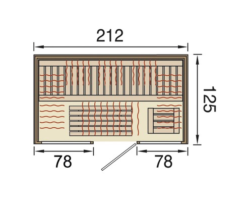 Grundriss einer Sauna mit Maßangaben.