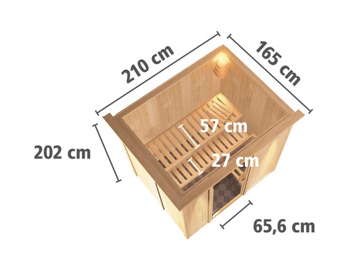 Vue de dessus d''un sauna en bois avec des indications de dimensions pour la longueur, la largeur et la hauteur