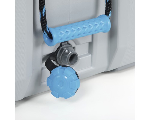 Detailansicht eines Kühlbehälters mit Ablasshahn und Tragegriff