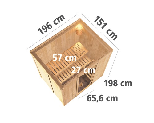 Draufsicht einer Sauna mit den Maßen 196 cm mal 151 cm mal 198 cm