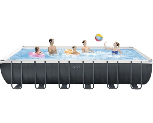 Rechteckiger Frame-Pool mit Personen im Wasser und Intex Logo