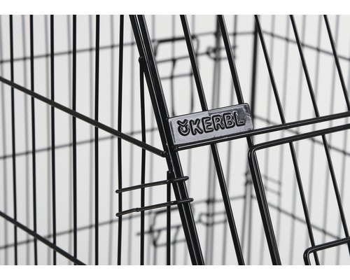 Vue détaillée d''une cage pour animaux en métal noir avec le logo Kerbl.