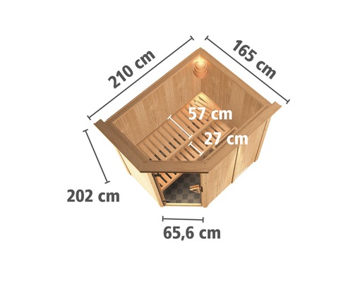 Ecksauna mit Maßangaben: 210 cm, 165 cm, 202 cm, 65,6 cm, 57 cm, 27 cm.