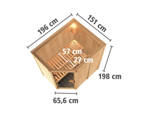 Sauna avec des dimensions de 196 cm, 151 cm, 198 cm et 65,6 cm
