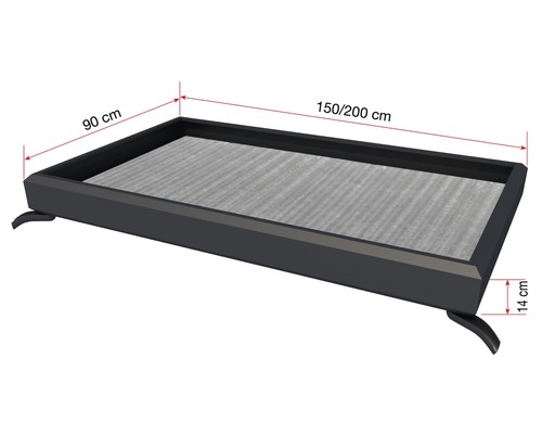 Rechteckiger Pflanzkasten mit den Maßen 90 cm x 150/200 cm x 14 cm