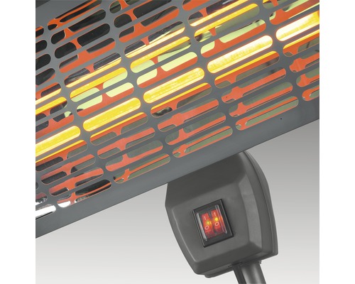 Vue détaillée d''un radiateur de terrasse avec grille de protection et interrupteur