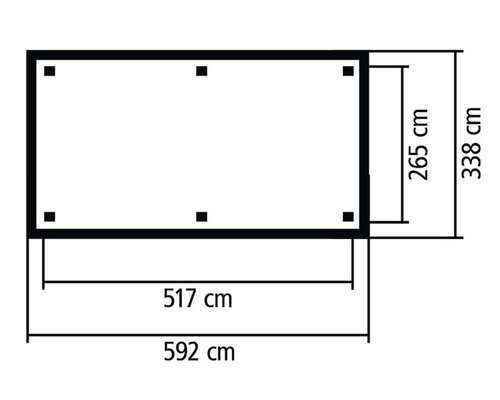 Dessin technique avec dimensions : 265 cm, 338 cm, 517 cm, 592 cm