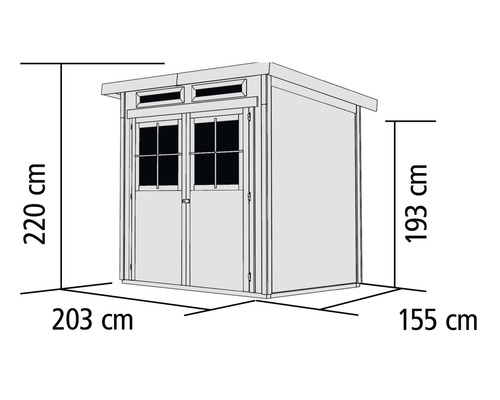 Illustration d''un abri de jardin avec dimensions : hauteur 220 cm, hauteur latérale 193 cm, largeur 203 cm, profondeur 155 cm.
