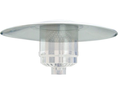 Gros plan d''un chauffage de terrasse avec grille de protection et abat-jour