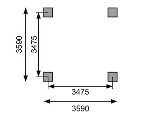 Dimensions des fondations : 3590 x 3590 millimètres dimensions extérieures, 3475 x 3475 millimètres dimensions intérieures.