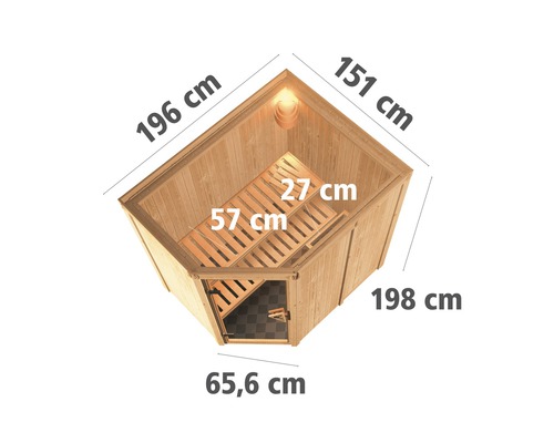 Ecksauna mit den Massen 196 cm mal 151 cm mal 198 cm, einer Tür von 65,6 cm Breite und Liegen von 57 cm mal 27 cm