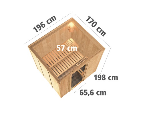 Draufsicht einer Sauna mit den Maßen 196 cm mal 170 cm mal 198 cm mal 65,6 cm und einer Bank von 57 cm