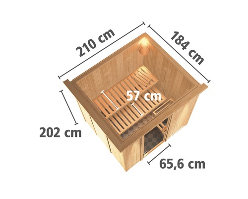 Elementsauna Karibu Laja ohne Ofen mit Dachkranz und Holztüre mit Isolierglas wärmegedämmt