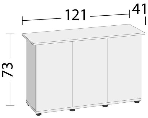 Illustration eines Unterschranks mit drei Türen und Maßangaben