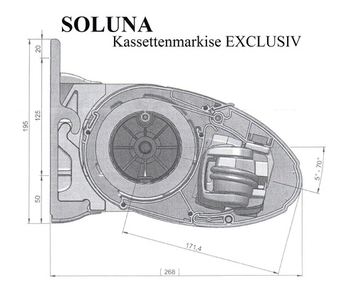 Technische Zeichnung einer Soluna Kassettenmarkise Exklusiv mit Maßangaben