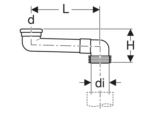 Technische Zeichnung eines Siphons mit Maßen