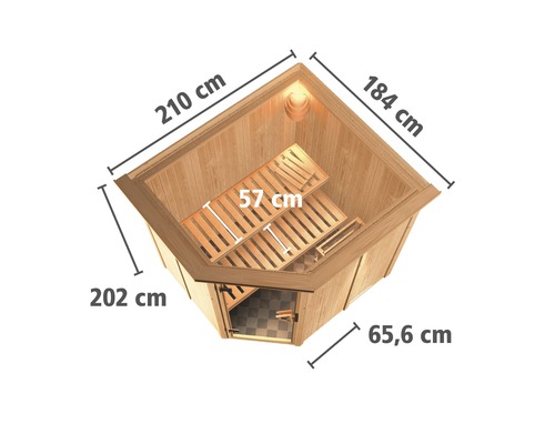 Abmessungen einer Ecksauna mit Bänken aus Holz