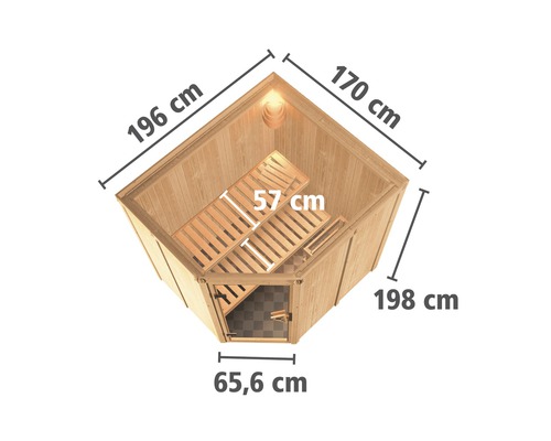 Ecksauna mit den Maßen 196 cm, 170 cm, 198 cm und 65,6 cm