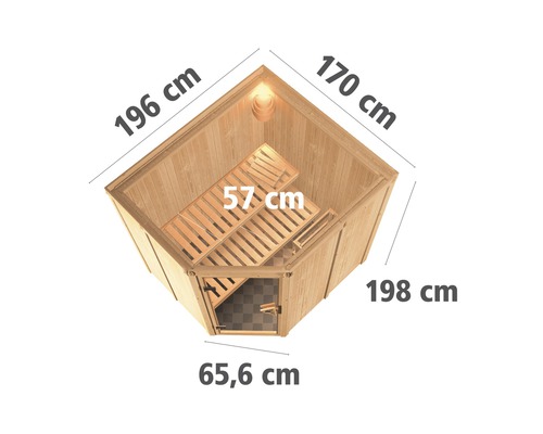 Vue intérieure d''un sauna d''angle avec des bancs et des indications de taille