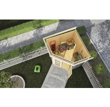 Vue de dessus d''une cabane de jardin en bois avec des outils, du matériel de jardinage et un robot tondeuse dans le jardin
