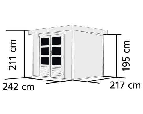 Abmessungen eines Gartenhauses: 211 cm Höhe, 242 cm Breite und 217 cm Tiefe