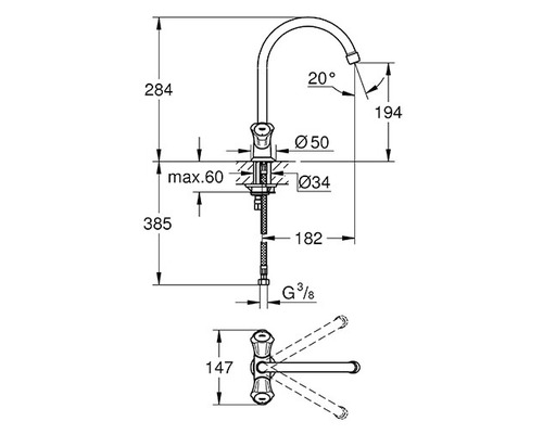 Schéma technique d''un robinet de cuisine avec dimensions