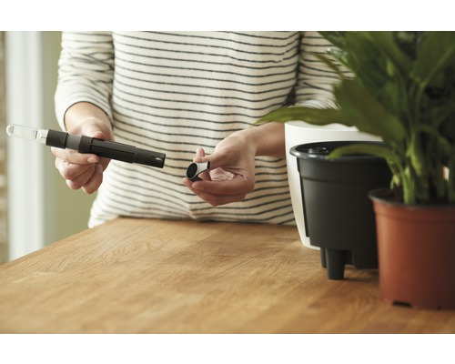Femme tenant un humidimètre pour plantes, à côté de pots de fleurs.