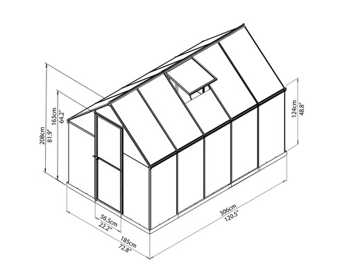 Schéma d''une serre avec indications de dimensions
