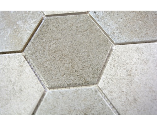 Nahaufnahme von sechseckigen Bodenfliesen.