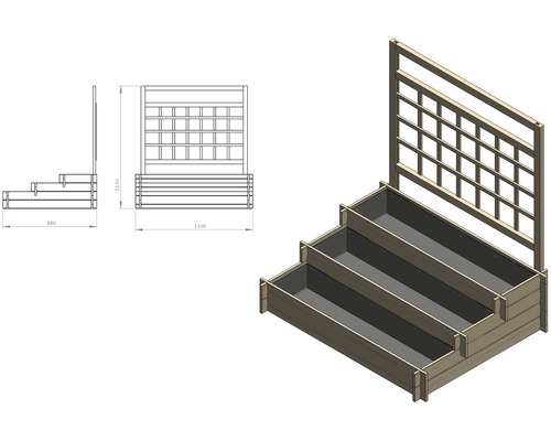 Image d''un bac à fleurs à trois niveaux avec treillis et indications de mesure.