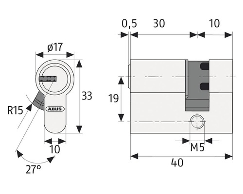 Dessin technique d''une serrure ABUS avec indications de dimensions