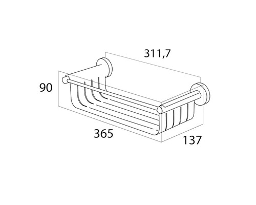 Schéma technique d''un panier de douche avec indications de dimensions.