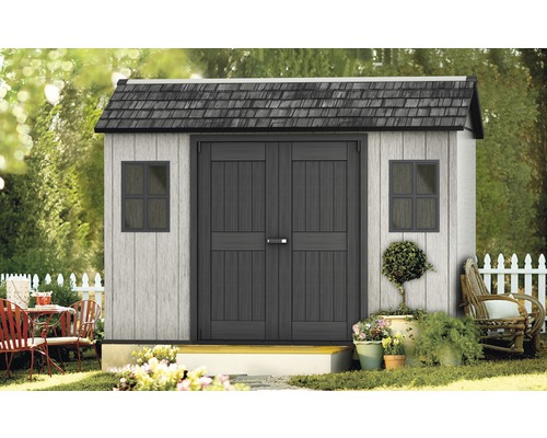 Abri à outils en plastique Keter Oakland 1175 avec plancher 350 x 229 cm gris Abri de jardin avec porte double et deux fenêtres dans le jardin