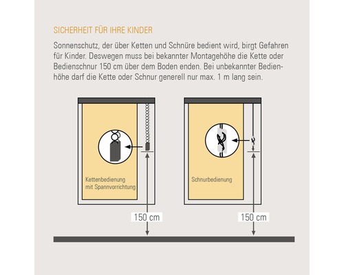 Illustration zur Kindersicherheit bei Sonnenschutzprodukten mit Ketten oder Schnüren als Bedienelementen.