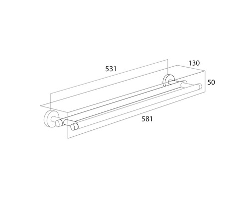 Schéma technique d''un porte-serviettes avec tablette et indications de dimensions.