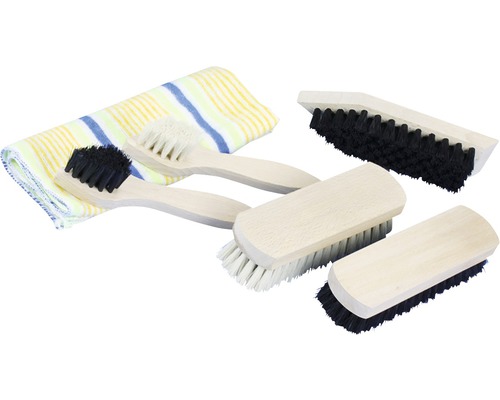 Plusieurs brosses avec manche en bois et un chiffon